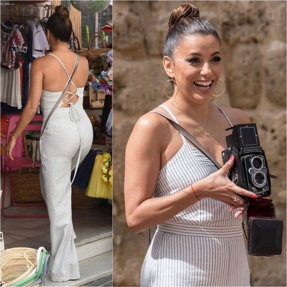 MAJE‎ Striped Crisscross Corset Back Sleeveless Wide Leg Eva Longoria Jumpsuit 4 - Picture 2 of 10